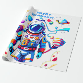 Farbenfrohe Astronauten und Univers in kühlen Farb Geschenkpapier