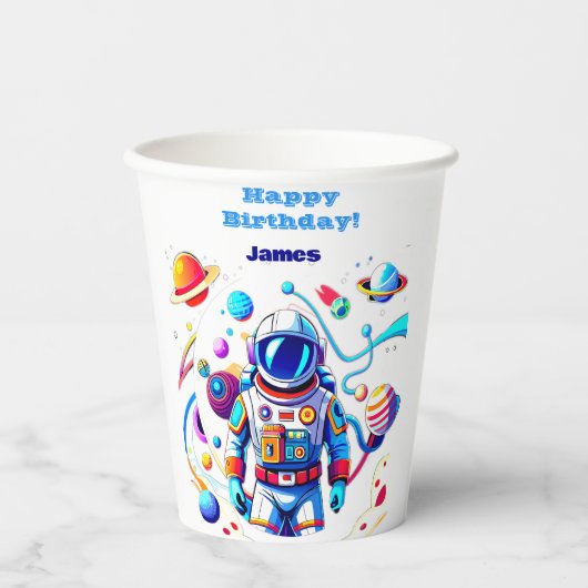 Farbenfrohe Astronauten und Univers in kühlen Farb Pappbecher (Vorderseite)