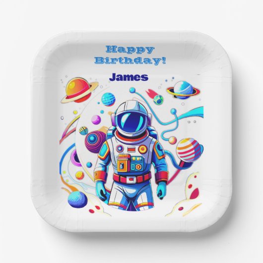 Farbenfrohe Astronauten und Univers in kühlen Farb Pappteller (Vorderseite)