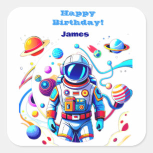 Farbenfrohe Astronauten und Univers in kühlen Farb Quadratischer Aufkleber