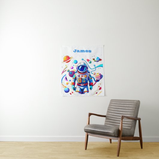 Farbenfrohe Astronauten und Univers in kühlen Farb Wandteppich (Beispiel)