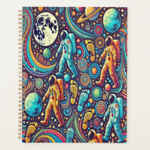 Farbenfrohe Astronautenspaziermuster Planer