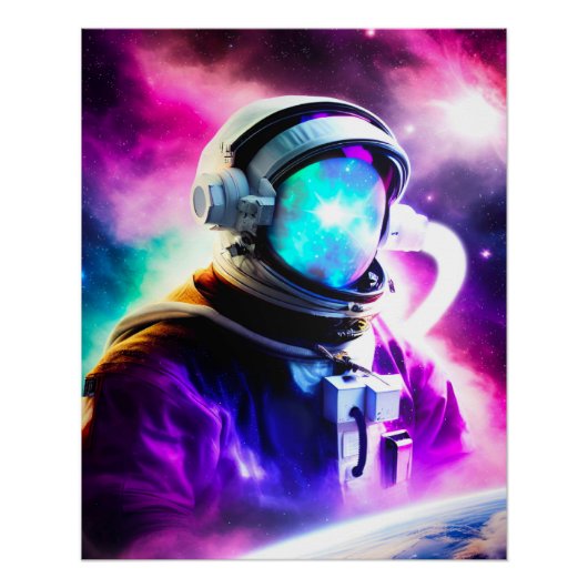 Farbenfrohe Astronautin im Weltraum Glossy Poster (Vorderseite)