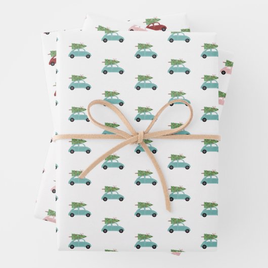 Farbenfrohe Autos mit Weihnachtsbaumurlaub Geschenkpapier Set (Beispiel)