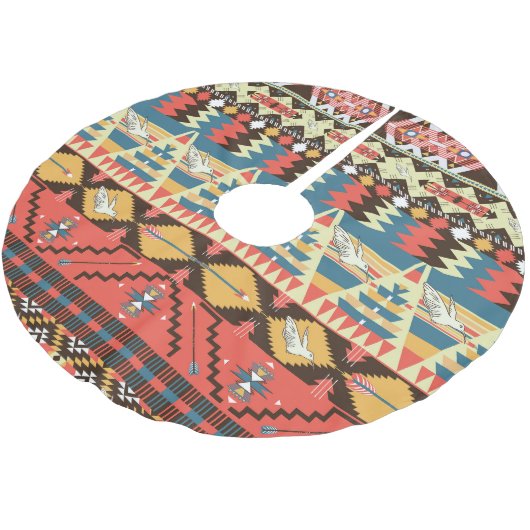 Farbenfrohe Azteken: Vögel, Muster der Blume. Polyester Weihnachtsbaumdecke (Schrägansicht)