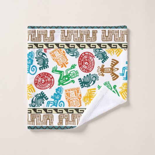 Farbenfrohe Aztekenkulptur Badhandtuch Set (Waschlappen)
