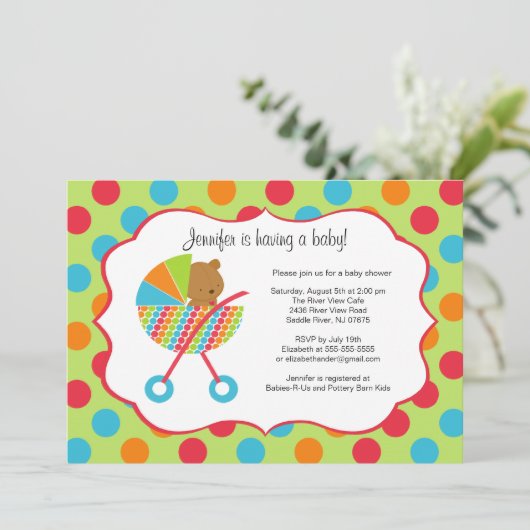 Farbenfrohe Baby Carriage Bear Baby Shower Einladu Einladung (Stehend Vorderseite)