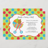 Farbenfrohe Baby Carriage Bear Baby Shower Einladu Einladung (Vorne/Hinten)
