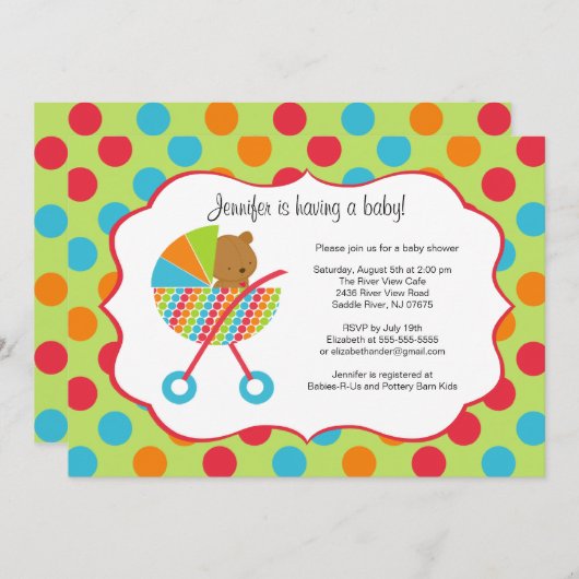 Farbenfrohe Baby Carriage Bear Baby Shower Einladu Einladung (Vorne/Hinten)