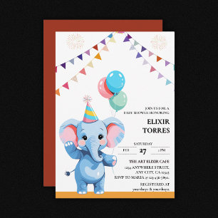 Farbenfrohe Baby Elephant mit Balloons Babydusche Einladung