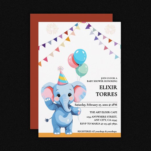 Farbenfrohe Baby Elephant mit Balloons Babydusche Einladung