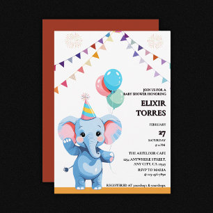 Farbenfrohe Baby Elephant mit Balloons Babydusche Einladung