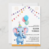 Farbenfrohe Baby Elephant mit Balloons Babydusche Einladung (Vorderseite)