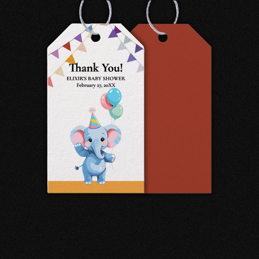 Farbenfrohe Baby Elephant mit Balloons Babydusche Geschenkanhänger