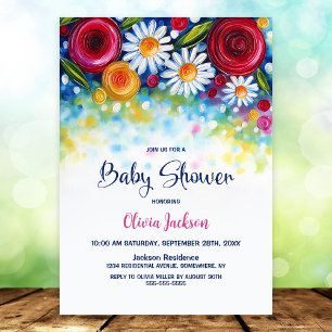 Farbenfrohe Baby-Party mit Blumen Einladung