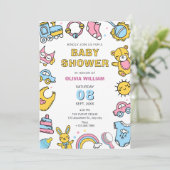 Farbenfrohe Babyspielzeug-Dusche Einladung (Stehend Vorderseite)