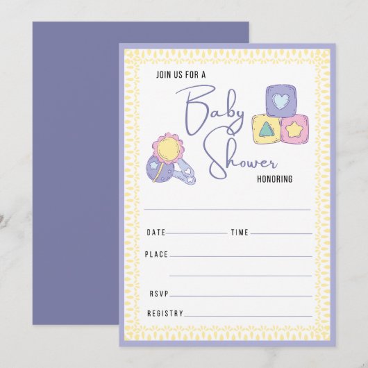 Farbenfrohe Babyspielzeuge | Kinderdusche ausfülle Einladung (Vorne/Hinten)