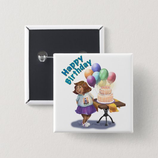 Farbenfrohe Ballon Birthday Girl Button (Vorne & Hinten)