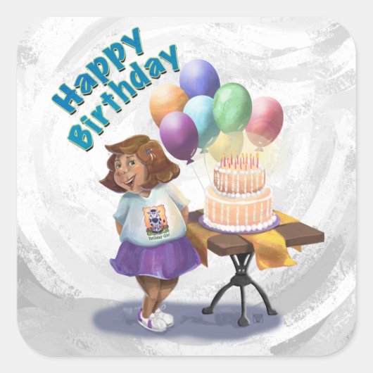 Farbenfrohe Ballon Birthday Girl Quadratischer Aufkleber (Vorderseite)