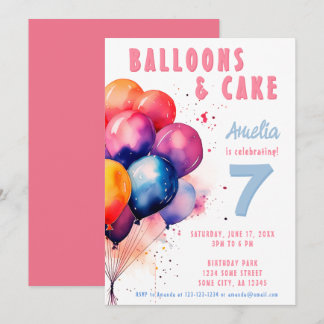 Farbenfrohe Balloons Aquarellfarben Kindergeburtst Einladung