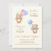 Farbenfrohe Balloons Bärenjungen Joint Geburtstag Einladung (Vorderseite)