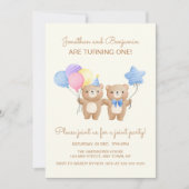Farbenfrohe Balloons Bear Twin Boys Joint Geburtst Einladung (Vorderseite)
