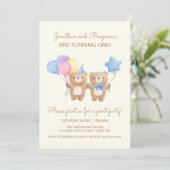 Farbenfrohe Balloons Bear Twin Boys Joint Geburtst Einladung (Stehend Vorderseite)