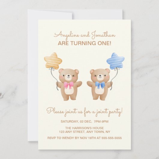 Farbenfrohe Balloons Bear Twin Gemeinsamer Geburts Einladung (Vorderseite)