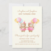 Farbenfrohe Balloons Bear Twin Girls Gemeinsamer G Einladung (Vorderseite)