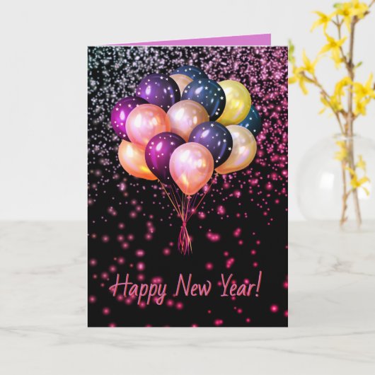 Farbenfrohe Balloons GLÜCKLICH NEUJAHR Personalisi Karte (Gelbe Blume)