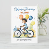 Farbenfrohe Balloons Junge auf dem Fahrrad glückli Karte (Stehend Vorderseite)