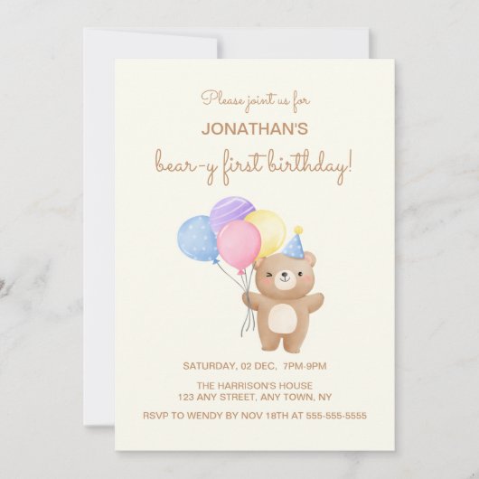 Farbenfrohe Balloons Niedlich Bärenjunge Geburtsta Einladung (Vorderseite)