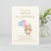 Farbenfrohe Balloons Niedlich Bärenjunge Geburtsta Einladung (Stehend Vorderseite)