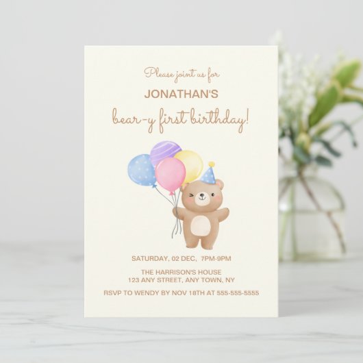 Farbenfrohe Balloons Niedlich Bärenjunge Geburtsta Einladung (Stehend Vorderseite)