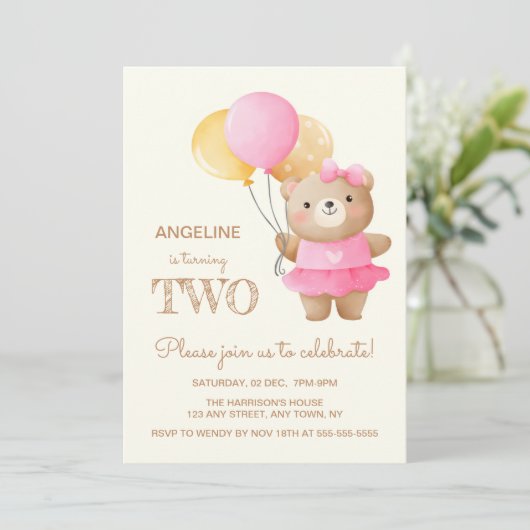 Farbenfrohe Balloons Niedlich Bärenmädchen 2. Gebu Einladung (Stehend Vorderseite)