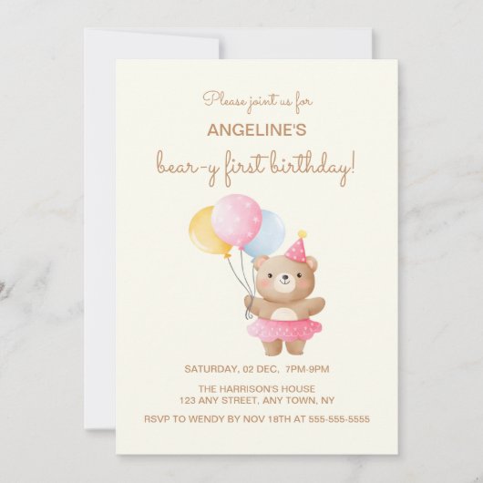 Farbenfrohe Balloons Niedlich Bärenmädchen Geburts Einladung (Vorderseite)