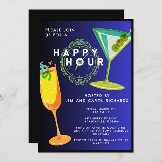 Farbenfrohe Basic Happy Hour Einladung (Vorne/Hinten)