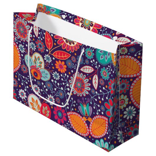 Farbenfrohe Batik-Illustration Natur Blumenmuster Große Geschenktüte (Vorderseite Schrägansicht)