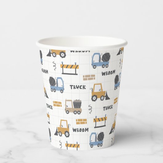 Farbenfrohe Baumaschinen Muster Pappbecher (Rückseite)