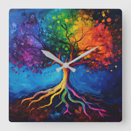 Farbenfrohe Bäume des Lebens Wurzeln Wissen Weishe Quadratische Wanduhr