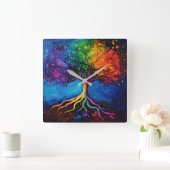 Farbenfrohe Bäume des Lebens Wurzeln Wissen Weishe Quadratische Wanduhr (Zuhause)