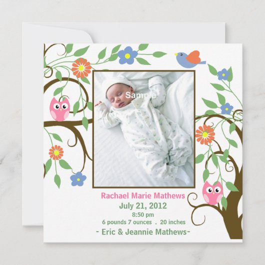 Farbenfrohe Bäume mit Owls Baby Ankündigung (Vorderseite)