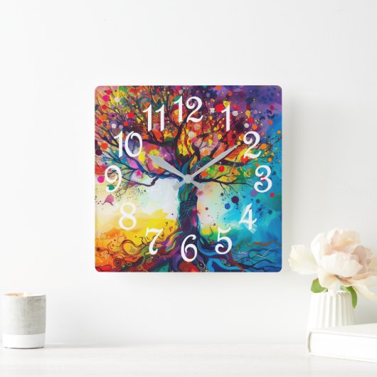 Farbenfrohe Bäume Regenbogen Ruhe Natur Kunst Quadratische Wanduhr (Zuhause)