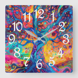 Farbenfrohe Bäume Regenbogen Ruhe Natur Kunst Quadratische Wanduhr