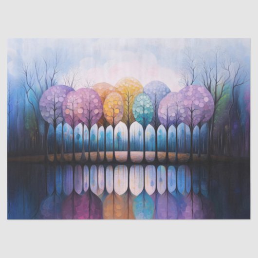 Farbenfrohe Bäume Ruhe Reflektion Wasser Entdeckun Seidenpapier (Vorderseite)