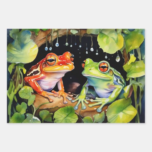 Farbenfrohe Baumfrösche auf Aquarellfarben-Blätter Geschenkpapier Set (Vorderseite)