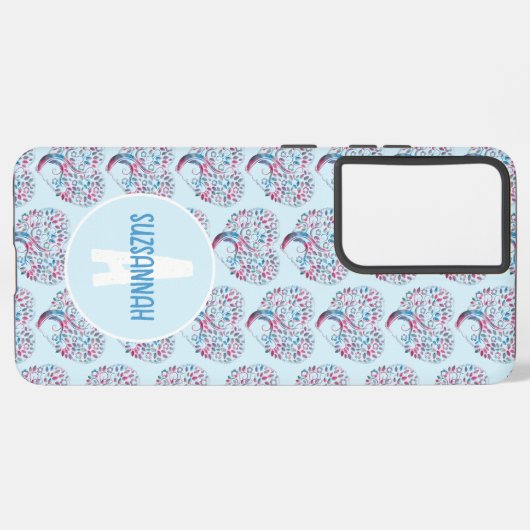 Farbenfrohe Baumkronenmuster Pastel Blu Monogram Samsung Galaxy Hülle (Linke Seite)