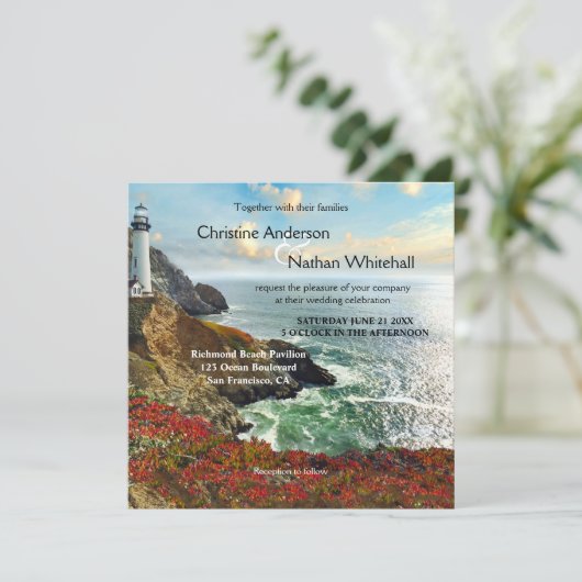 Farbenfrohe Beach Lighthouse Einladung zur Hochzei (Stehend Vorderseite)