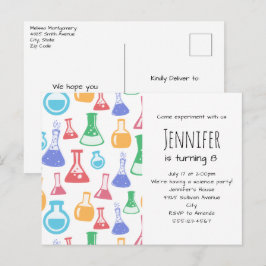 Farbenfrohe Beakers und Flasken-Wissenschaftsmuste Einladungspostkarte