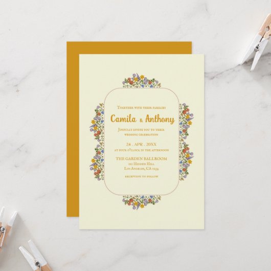 Farbenfrohe Beige Wildblume Border Wedding Einladung (Vorderseite/Rückseite Beispiel)